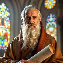 A majestic and serene portrait of Mar Efram, the Syrian saint, depicted as an elderly man with a long, flowing beard and traditional robes