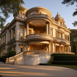 The exterior of a grand mansion with a horizontal ramp serving as a balcony rail and a broad driveway, bathed in daylight. The design takes inspiration from the architectural features in the provided link.