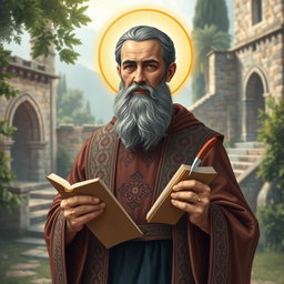 A detailed portrait of Mar Efram, the Syrian saint, depicted in traditional robes with intricate patterns, holding a book in one hand and a quill in the other
