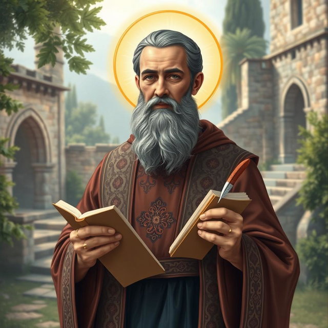 A detailed portrait of Mar Efram, the Syrian saint, depicted in traditional robes with intricate patterns, holding a book in one hand and a quill in the other