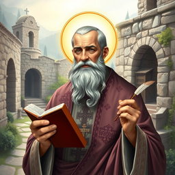 A detailed portrait of Mar Efram, the Syrian saint, depicted in traditional robes with intricate patterns, holding a book in one hand and a quill in the other