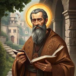 A detailed portrait of Mar Efram, the Syrian saint, depicted in traditional robes with intricate patterns, holding a book in one hand and a quill in the other