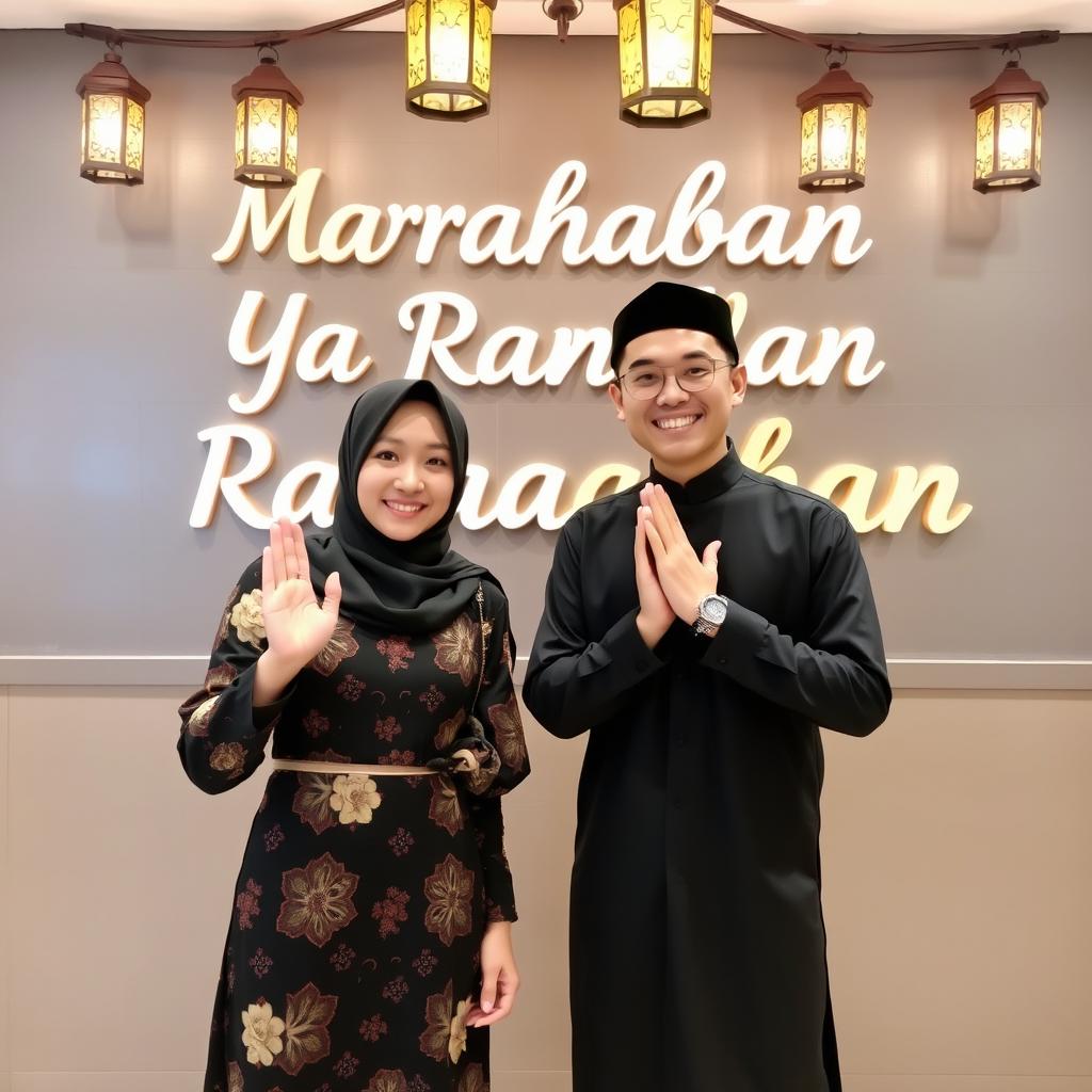 A beautiful Korean woman wearing a stylish hijab and a fashionable dress with interesting patterns, standing next to a handsome Korean man dressed in a black kopeah, both smiling warmly at the camera while performing a 'namaste' gesture with their hands, radiating a friendly and respectful attitude