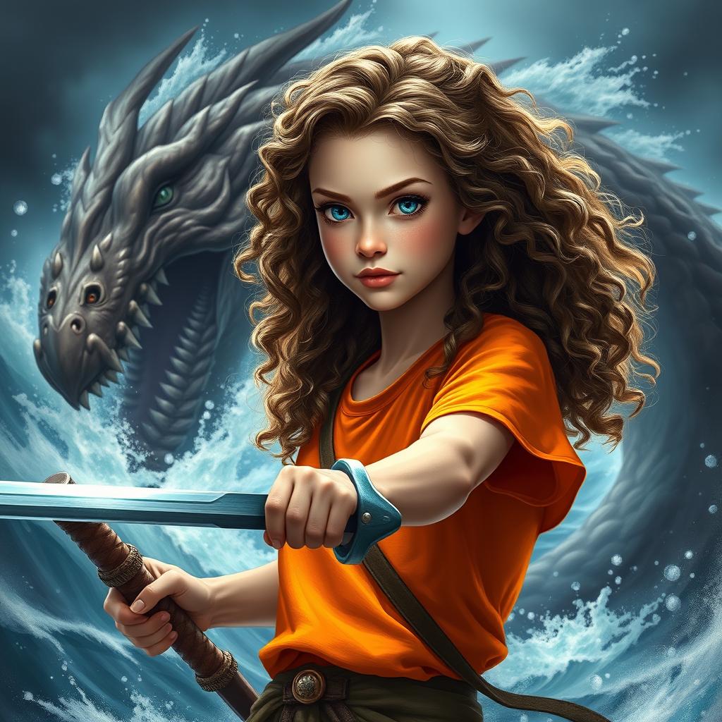 A tall girl with pale, flawless skin, long curly brown hair cascading around her face and shoulders, and serene ocean-blue eyes filled with determination