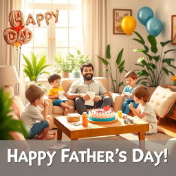 A heartwarming promotional artwork for Father's Day featuring a cozy family gathering