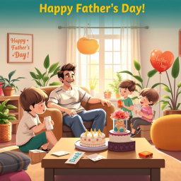 A heartwarming promotional artwork for Father's Day featuring a cozy family gathering
