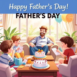 A heartwarming promotional artwork for Father's Day featuring a cozy family gathering