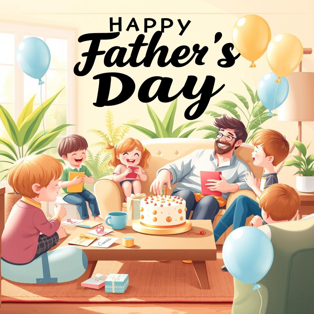 A heartwarming promotional artwork for Father's Day featuring a cozy family gathering