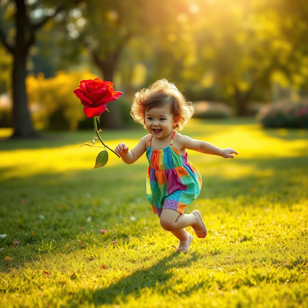 A small child joyfully running in a circle, brightly lit by golden afternoon sunlight, chasing a singular vibrant red rose that floats lightly on the gentle breeze