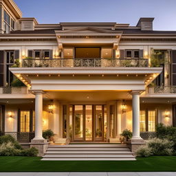 The exterior of a grand mansion with a horizontal ramp serving as a balcony rail and a broad driveway, bathed in daylight. The design takes inspiration from the architectural features in the provided link.