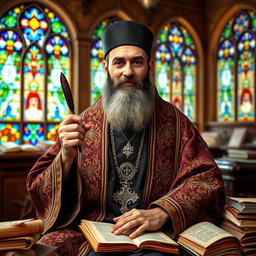 A portrait of Mar Efram the Syrian, depicted as a wise and benevolent teacher and priest