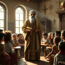 A beautiful, serene scene depicting Mar Eframe, the Syrian saint, standing in a softly lit, ancient classroom setting