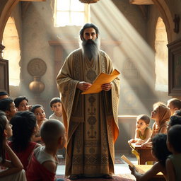 A beautiful, serene scene depicting Mar Eframe, the Syrian saint, standing in a softly lit, ancient classroom setting
