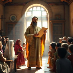 A beautiful, serene scene depicting Mar Eframe, the Syrian saint, standing in a softly lit, ancient classroom setting