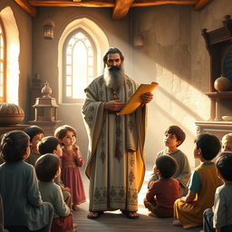 A beautiful, serene scene depicting Mar Eframe, the Syrian saint, standing in a softly lit, ancient classroom setting