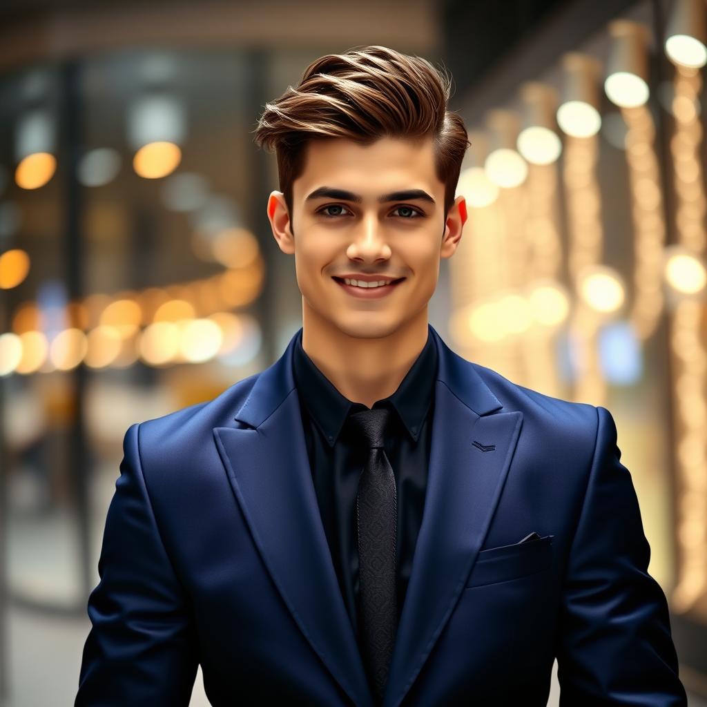 A dapper young man dressed in a dark blue suit, standing confidently with his hands in his pockets