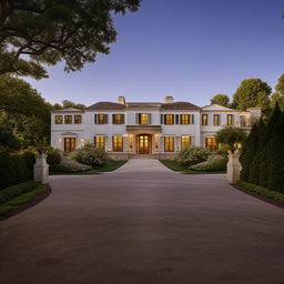 The exterior of a grand mansion with a prominent driveway in broad daylight, drawing design elements from the architecture presented in the provided link.