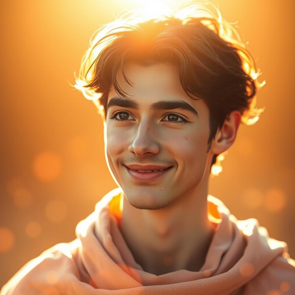 A warm and soft light surrounds a 22-year-old male figure, not overly clear but radiating peace and tranquility