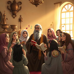 A serene scene depicting Mar Eframe, the Syrian saint, surrounded by a group of girls as he teaches them to sing holy songs