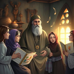 A serene scene depicting Mar Eframe, the Syrian saint, surrounded by a group of girls as he teaches them to sing holy songs