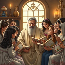 A serene scene depicting Mar Eframe, the Syrian saint, surrounded by a group of girls as he teaches them to sing holy songs