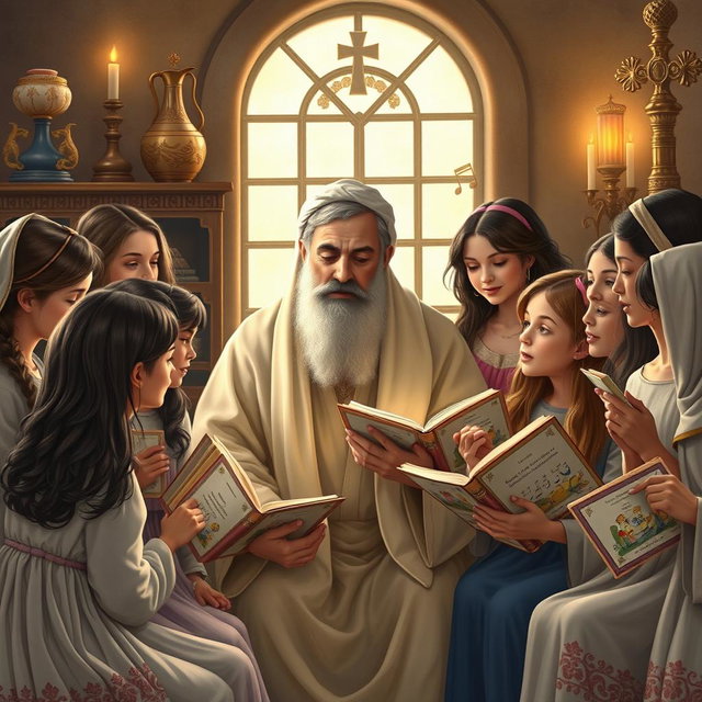 A serene scene depicting Mar Eframe, the Syrian saint, surrounded by a group of girls as he teaches them to sing holy songs