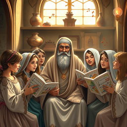 A serene scene depicting Mar Eframe, the Syrian saint, surrounded by a group of girls as he teaches them to sing holy songs