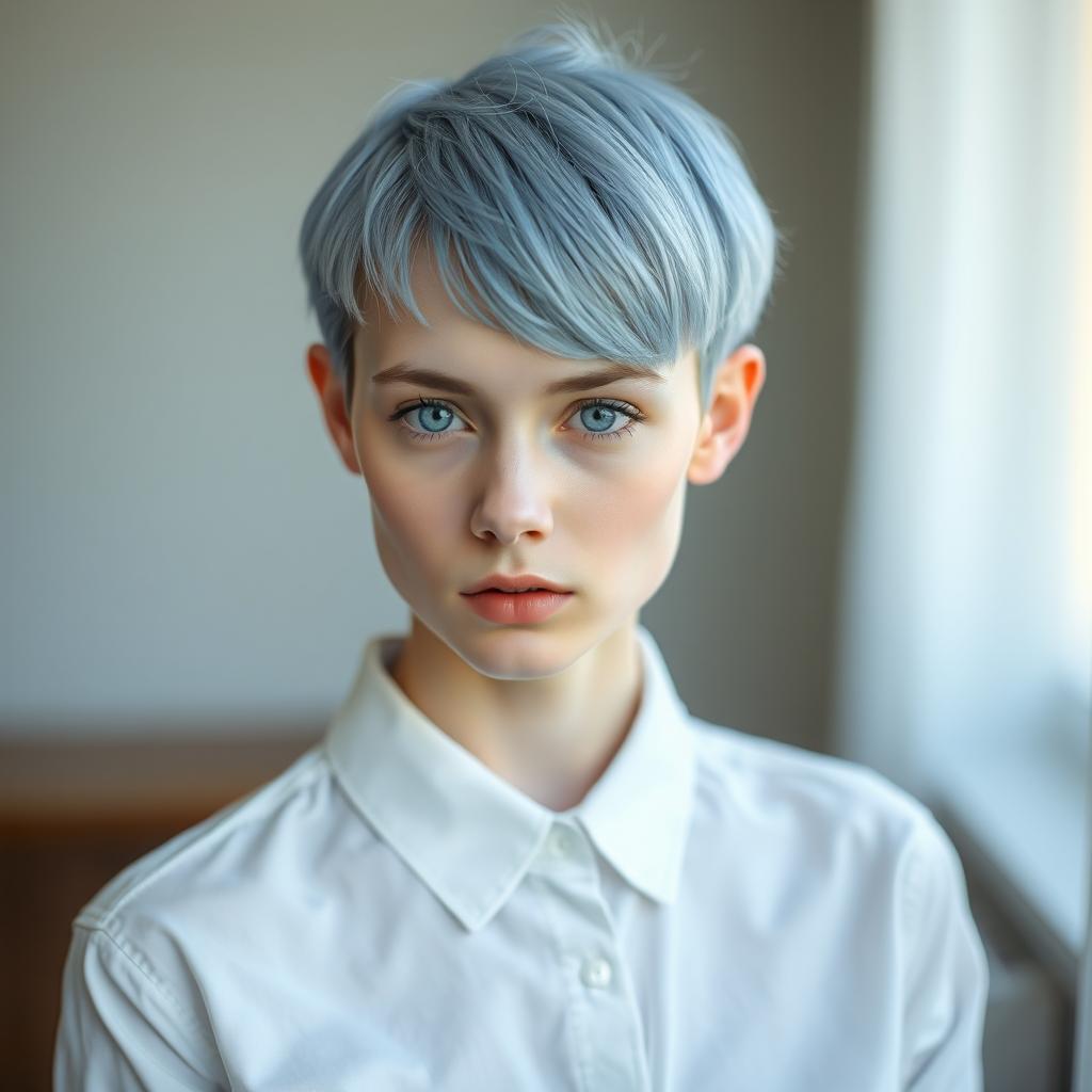 A young Russian woman with very pale skin and a striking appearance, featuring a baby blue pixie cut hairstyle