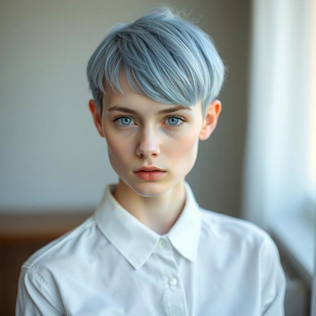 A young Russian woman with very pale skin and a striking appearance, featuring a baby blue pixie cut hairstyle