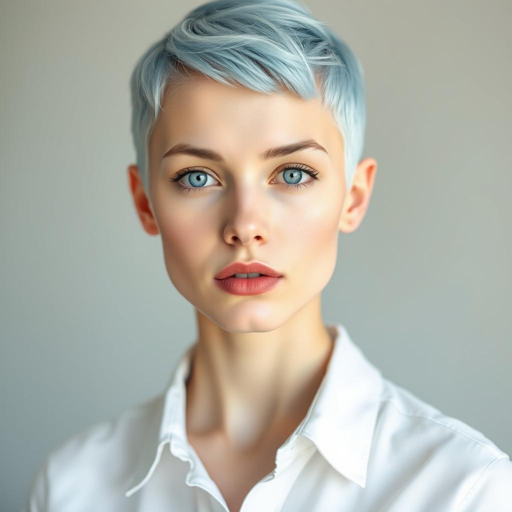 A young Russian woman with very pale skin, featuring a short, edgy baby blue pixie cut