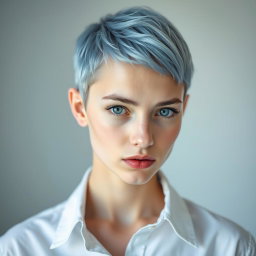 A young Russian woman with very pale skin, featuring a short, edgy baby blue pixie cut