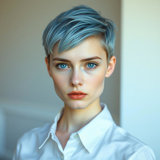 A young Russian woman with very pale skin, featuring a short, edgy baby blue pixie cut