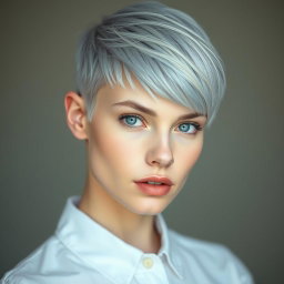A young Russian woman with very pale skin, featuring a short, edgy baby blue pixie cut