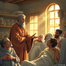 A touching scene of Saint Mar Eframe, a Syrian saint known for his compassion, standing in a sunlit room filled with sick people