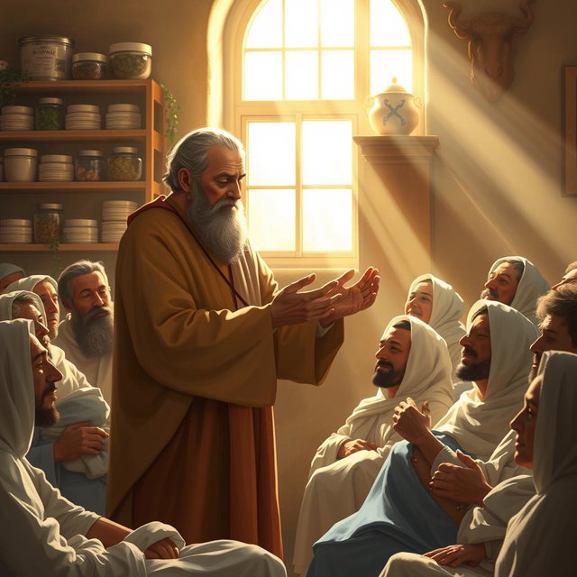 A touching scene of Saint Mar Eframe, a Syrian saint known for his compassion, standing in a sunlit room filled with sick people