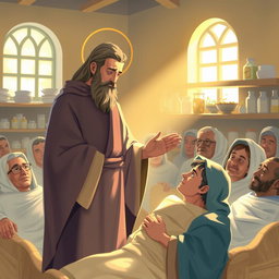 A touching scene of Saint Mar Eframe, a Syrian saint known for his compassion, standing in a sunlit room filled with sick people