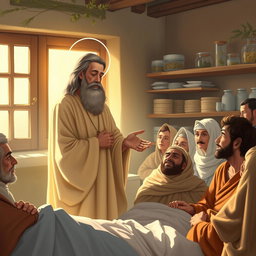A touching scene of Saint Mar Eframe, a Syrian saint known for his compassion, standing in a sunlit room filled with sick people
