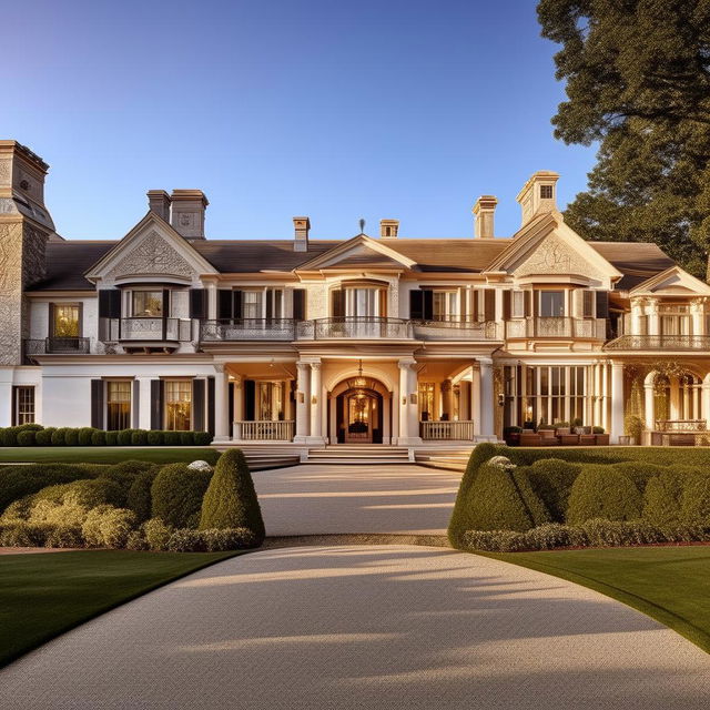 The exterior of a grand mansion with a prominent driveway in broad daylight, drawing design elements from the architecture presented in the provided link.