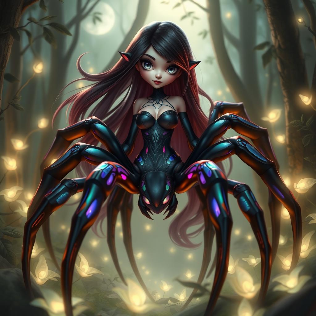 A fantastical creature inspired by the concept of a spider-girl, featuring a humanoid upper body blended with the lower body of a giant spider