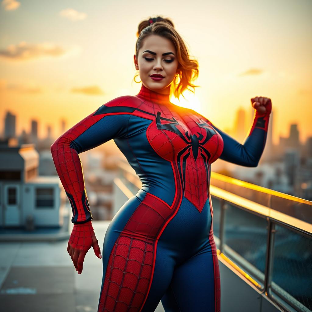 A confident and curvy woman wearing a form-fitting costume inspired by Spider-Man, featuring the iconic red and blue colors and web patterns