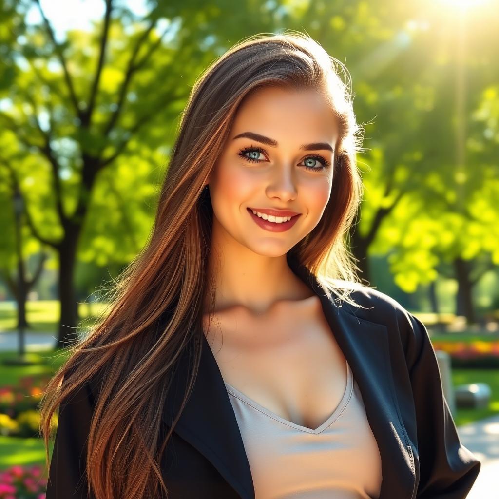 A portrait of a beautiful young woman weighing 60 kg, with a confident smile