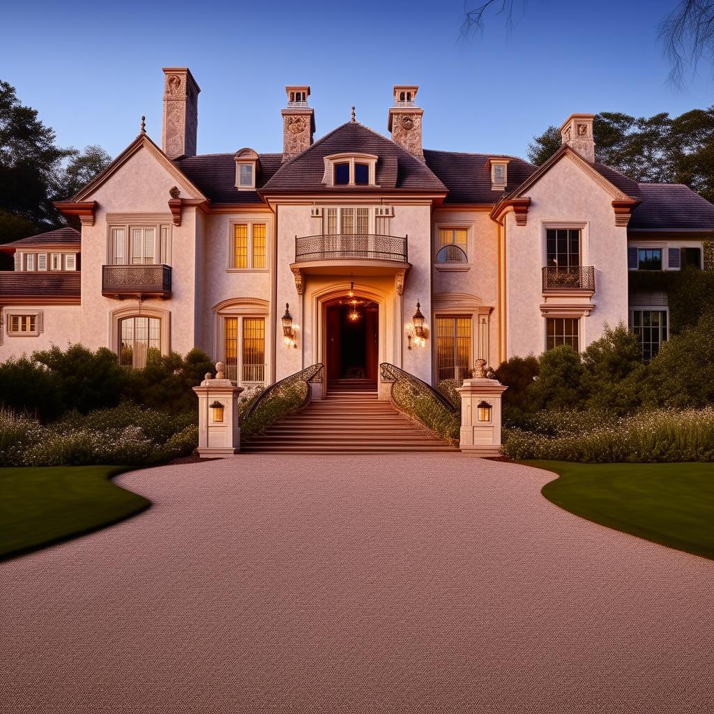 The exterior of a grand mansion with a prominent driveway in broad daylight, drawing design elements from the architecture presented in the provided link.