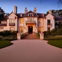 The exterior of a grand mansion with a prominent driveway in broad daylight, drawing design elements from the architecture presented in the provided link.