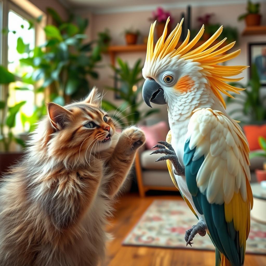 A whimsical scene featuring a playful cat engaging in a mock fight with a colorful cockatoo