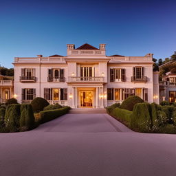 The exterior of a grand mansion with a prominent driveway in broad daylight, drawing design elements from the architecture presented in the provided link.