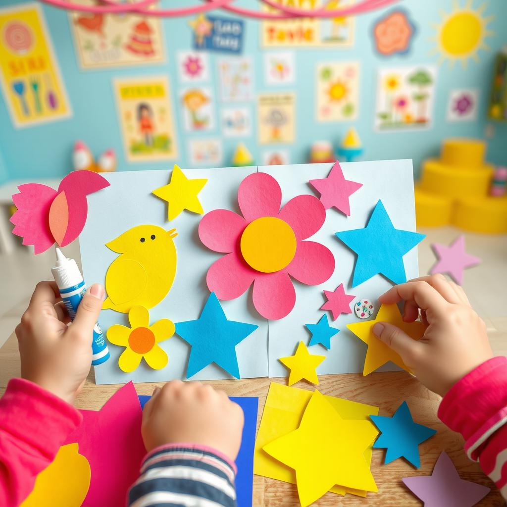 A colorful and engaging paper craft project designed for young children, featuring simple shapes like animals, flowers, and stars