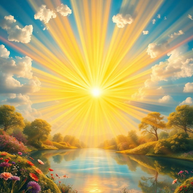 A stunning visual representation of light spreading outwards in all directions, filled with vibrant colors and dynamic shapes, creating a sense of warmth and energy