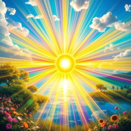 A stunning visual representation of light spreading outwards in all directions, filled with vibrant colors and dynamic shapes, creating a sense of warmth and energy