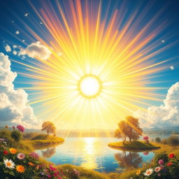 A stunning visual representation of light spreading outwards in all directions, filled with vibrant colors and dynamic shapes, creating a sense of warmth and energy
