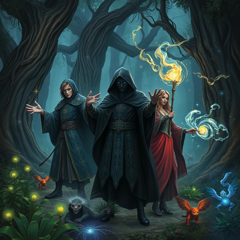 A mystical scene depicting powerful sorcerers in an enchanted forest